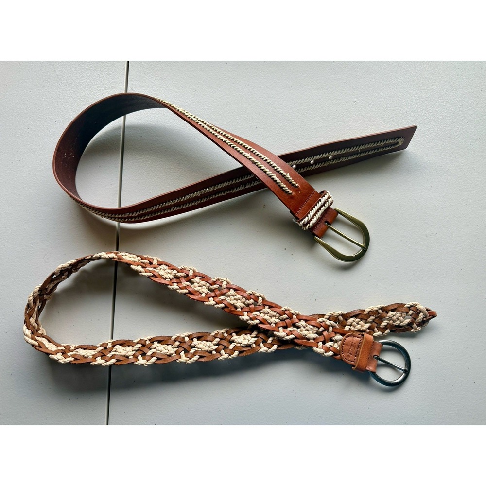 Fossil Calvin Klein Leather Belt Lot Braided Boho Western Brown L Festival Y2K